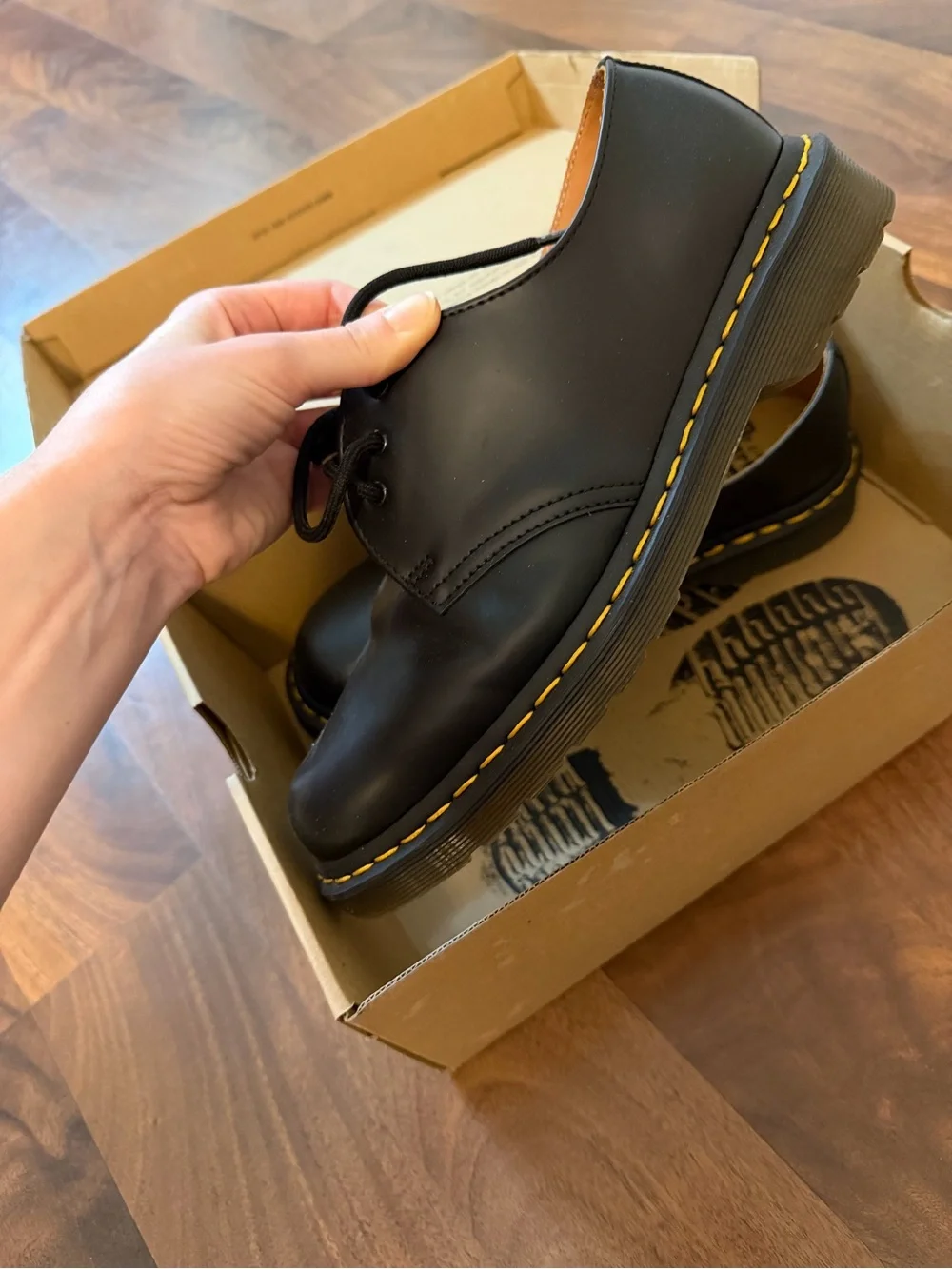Dr. Martens Black Leather 3-Eye Derby Shoes with Yellow Stitching